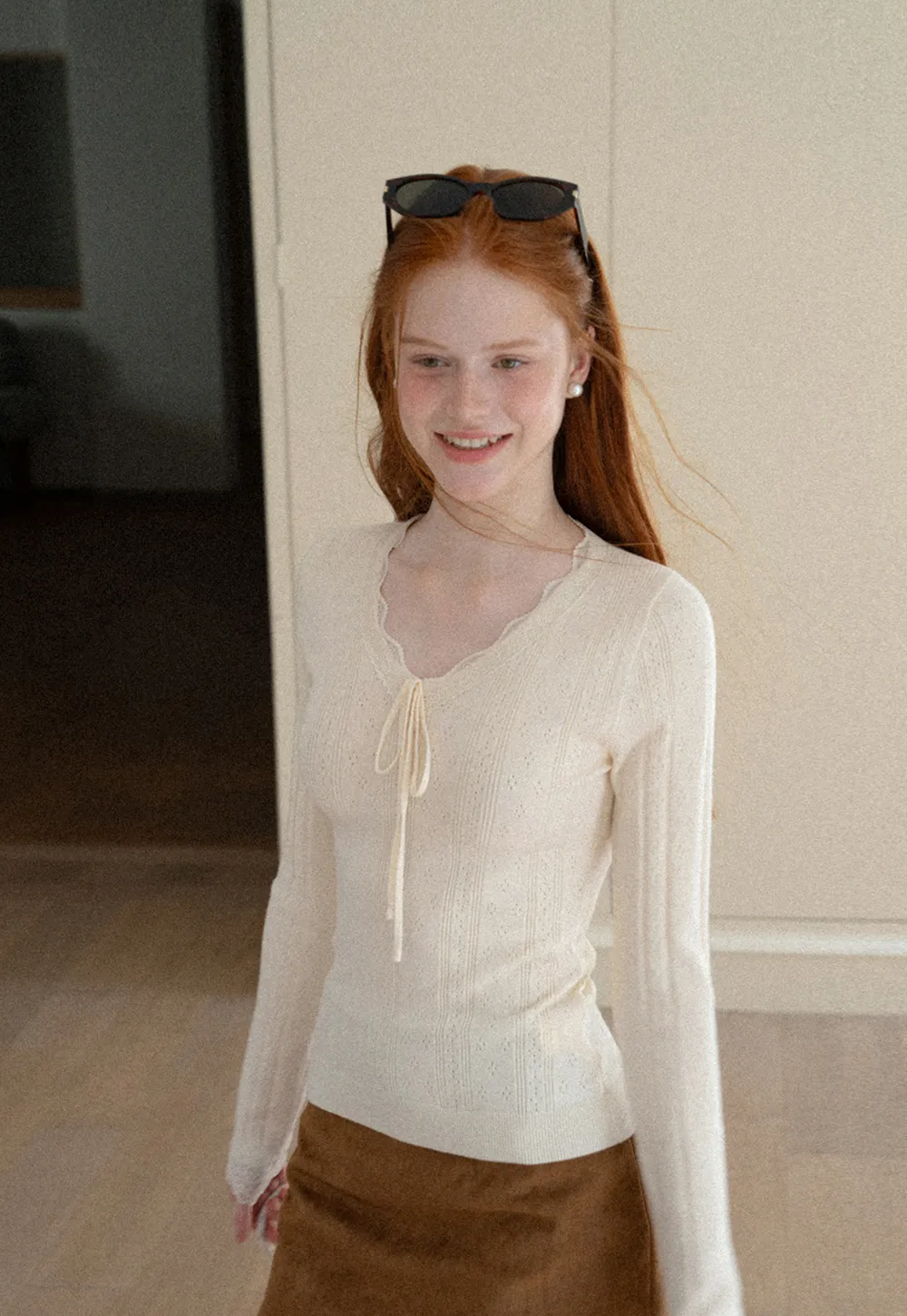 Scalloped V Neck Drawstring Long Sleeve Knit Sweater