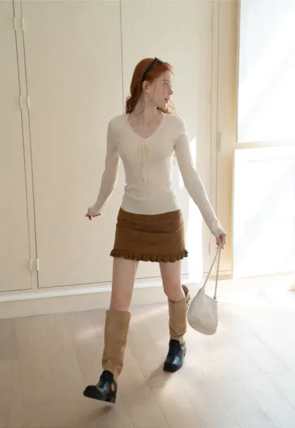 Scalloped V Neck Drawstring Long Sleeve Knit Sweater