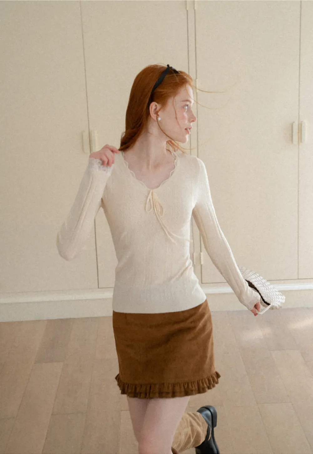 Scalloped V Neck Drawstring Long Sleeve Knit Sweater