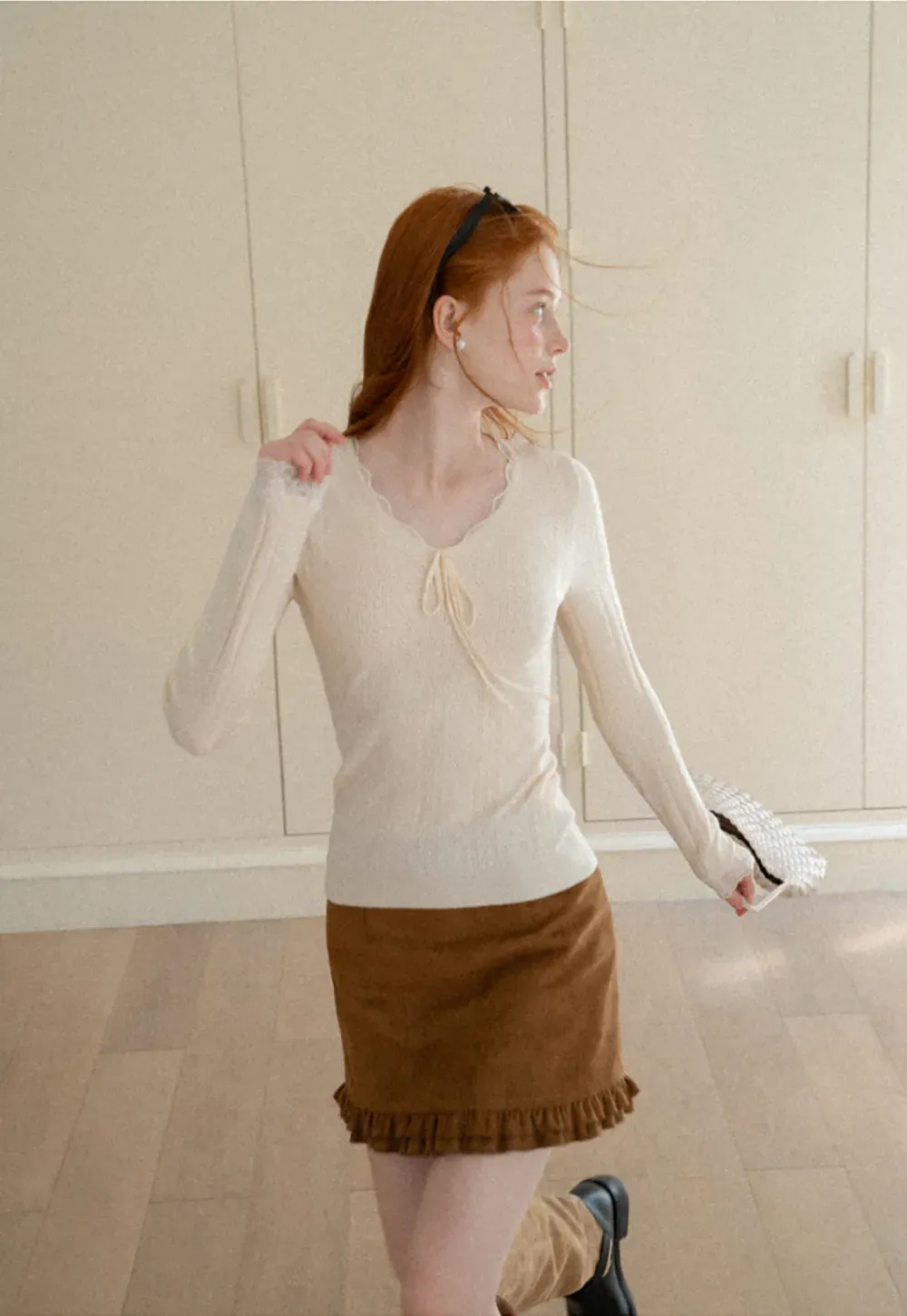Scalloped V Neck Drawstring Long Sleeve Knit Sweater