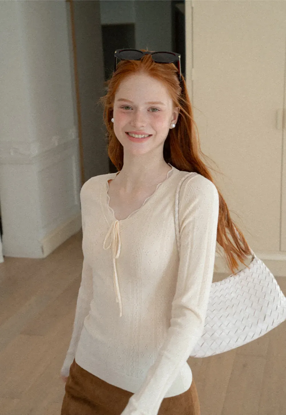 Scalloped V Neck Drawstring Long Sleeve Knit Sweater
