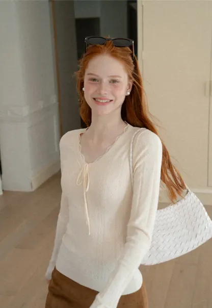Scalloped V Neck Drawstring Long Sleeve Knit Sweater