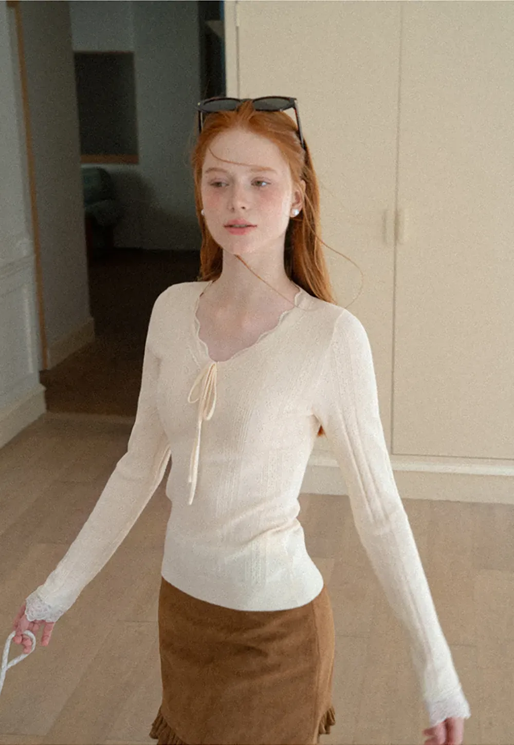 Scalloped V Neck Drawstring Long Sleeve Knit Sweater