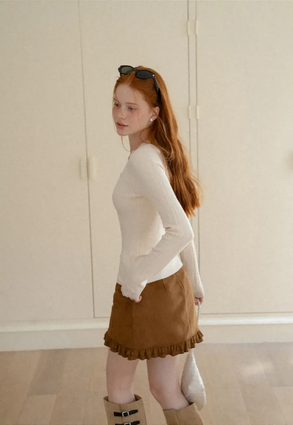 Scalloped V Neck Drawstring Long Sleeve Knit Sweater