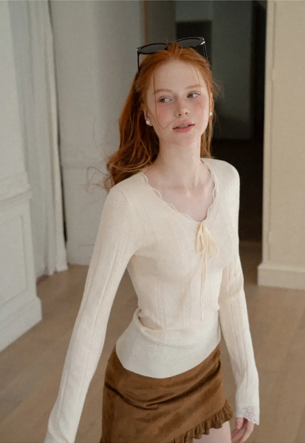 Scalloped V Neck Drawstring Long Sleeve Knit Sweater
