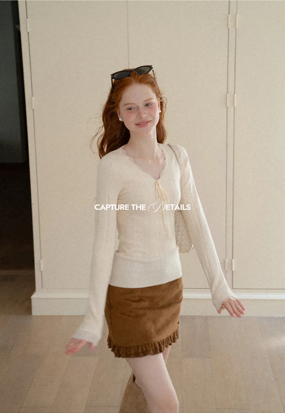Scalloped V Neck Drawstring Long Sleeve Knit Sweater