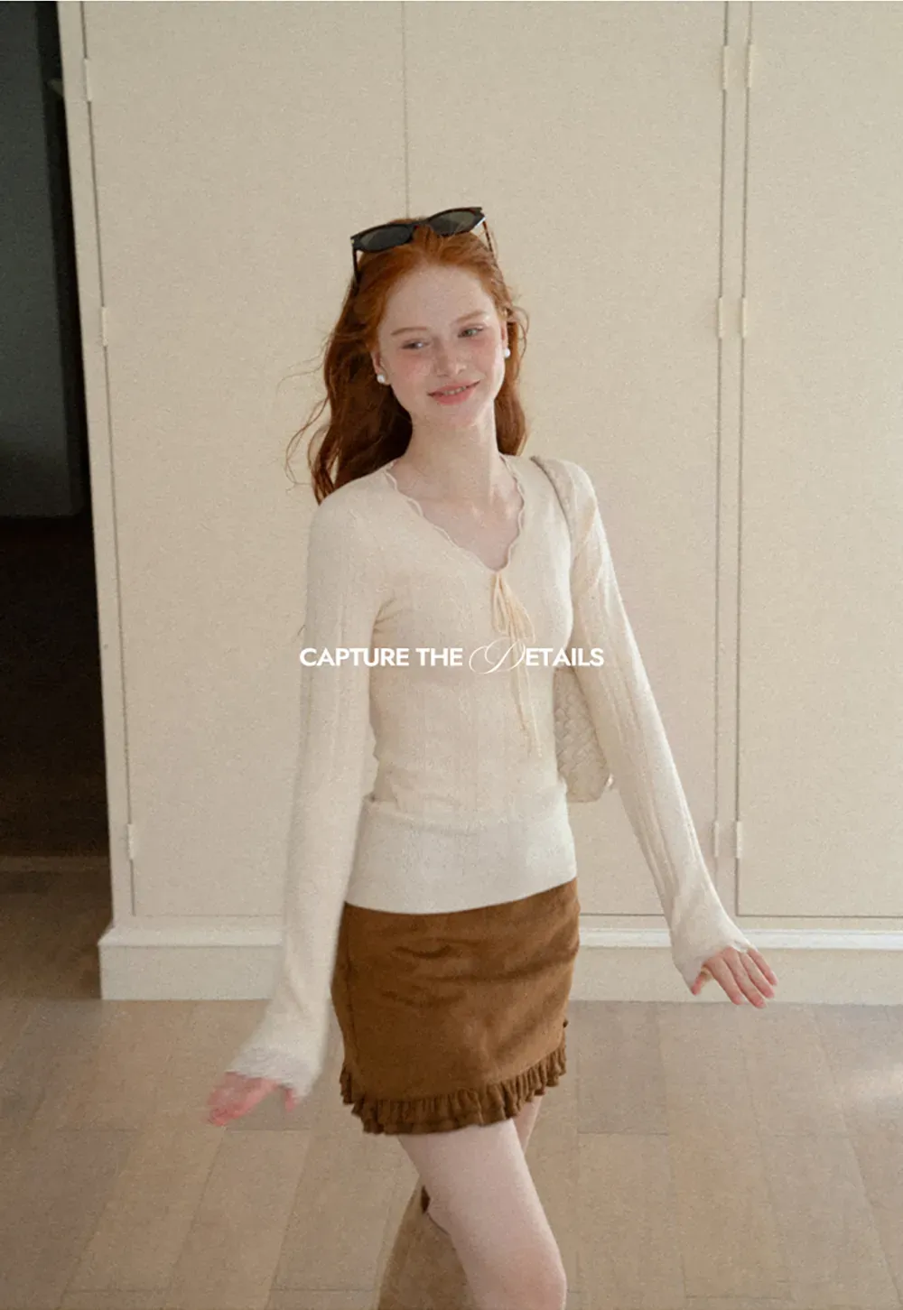 Scalloped V Neck Drawstring Long Sleeve Knit Sweater