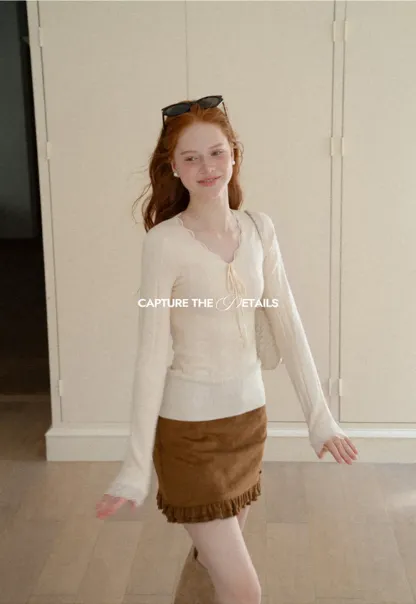 Scalloped V Neck Drawstring Long Sleeve Knit Sweater