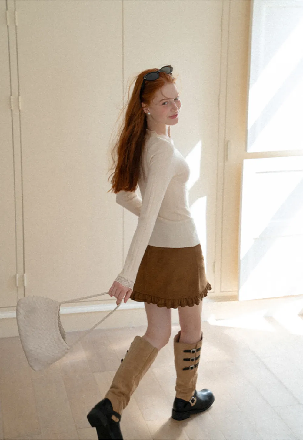 Scalloped V Neck Drawstring Long Sleeve Knit Sweater