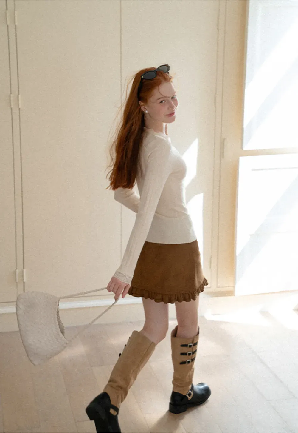 Scalloped V Neck Drawstring Long Sleeve Knit Sweater