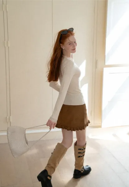 Scalloped V Neck Drawstring Long Sleeve Knit Sweater