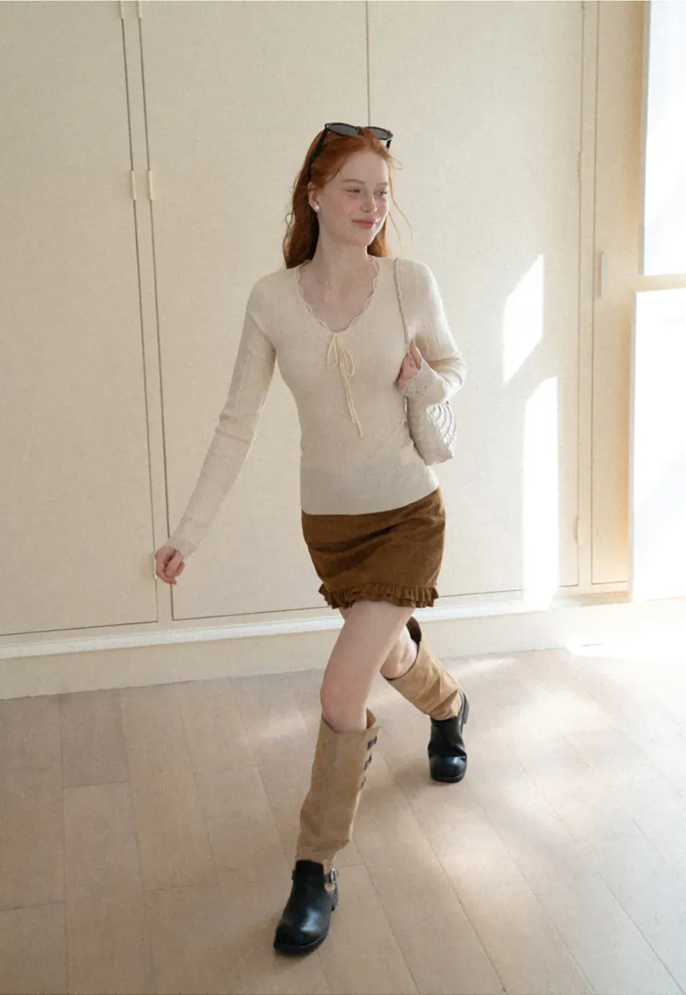 Scalloped V Neck Drawstring Long Sleeve Knit Sweater