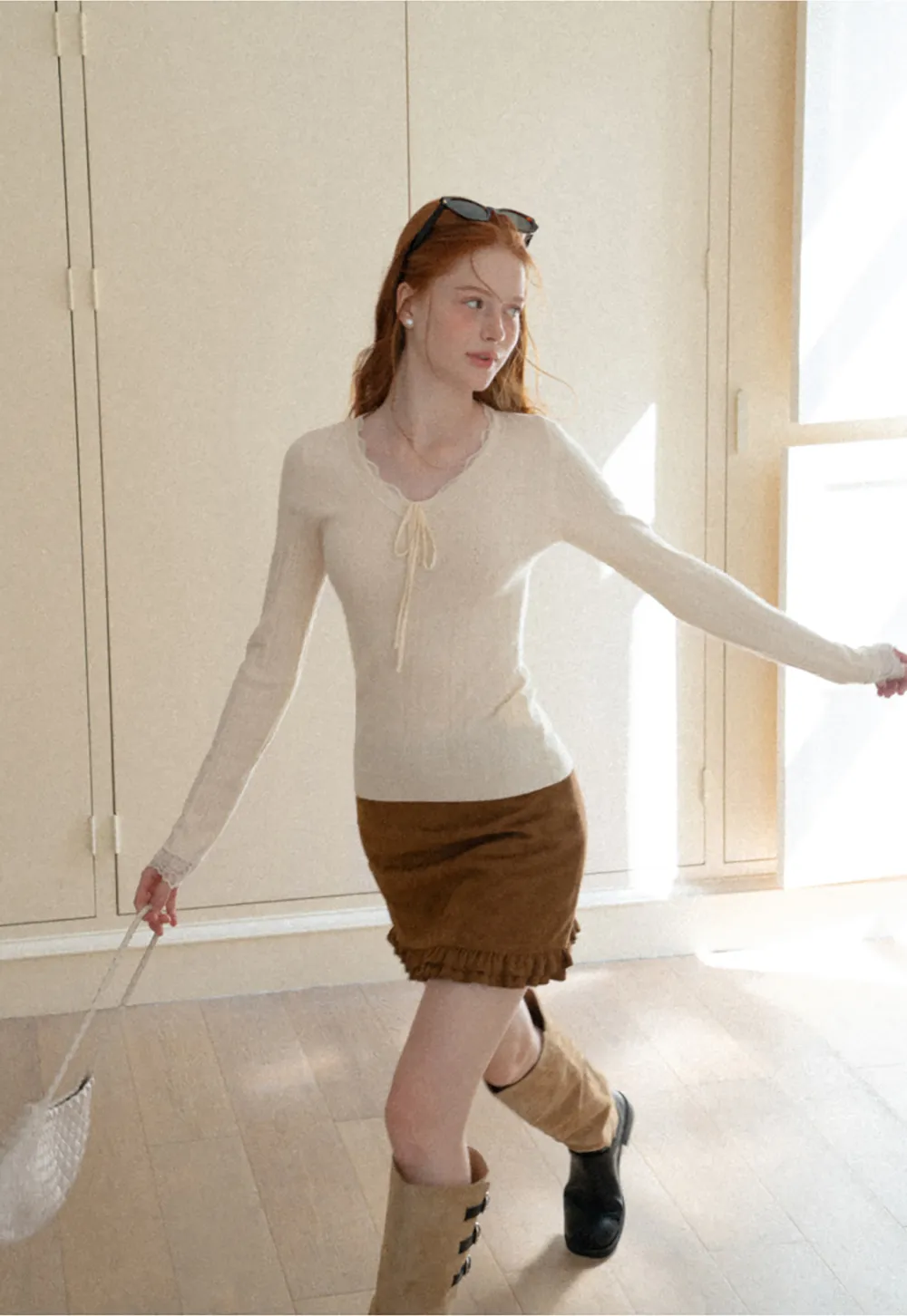 Scalloped V Neck Drawstring Long Sleeve Knit Sweater