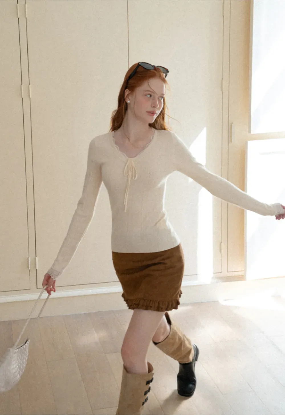 Scalloped V Neck Drawstring Long Sleeve Knit Sweater
