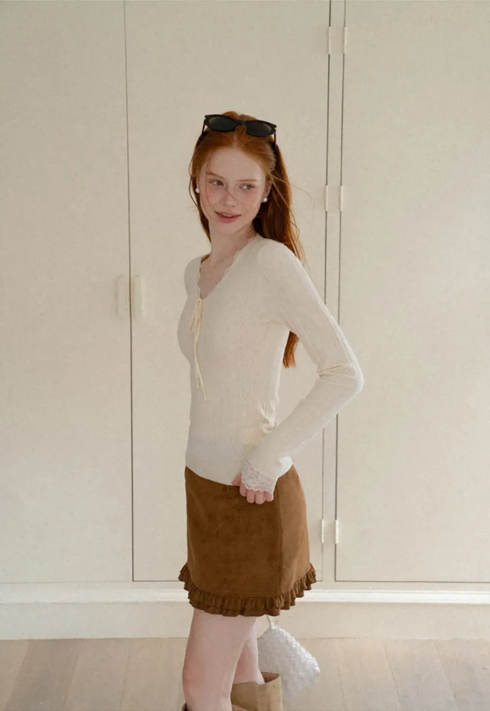 Scalloped V Neck Drawstring Long Sleeve Knit Sweater