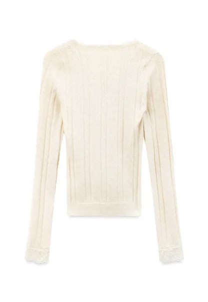 Scalloped V Neck Drawstring Long Sleeve Knit Sweater