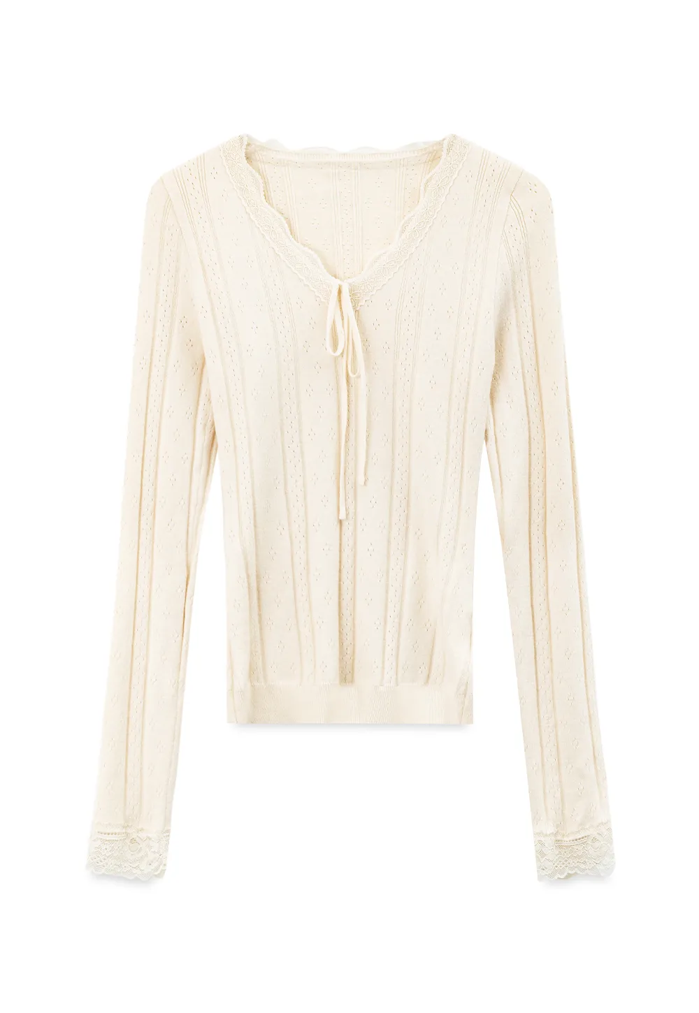 Scalloped V Neck Drawstring Long Sleeve Knit Sweater