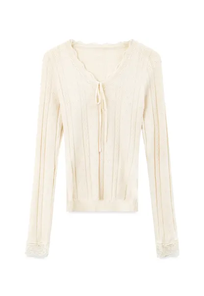 Scalloped V Neck Drawstring Long Sleeve Knit Sweater
