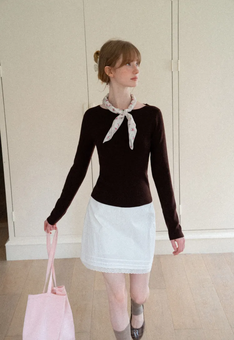 Square Neck Long Sleeve Wool Knit Sweater