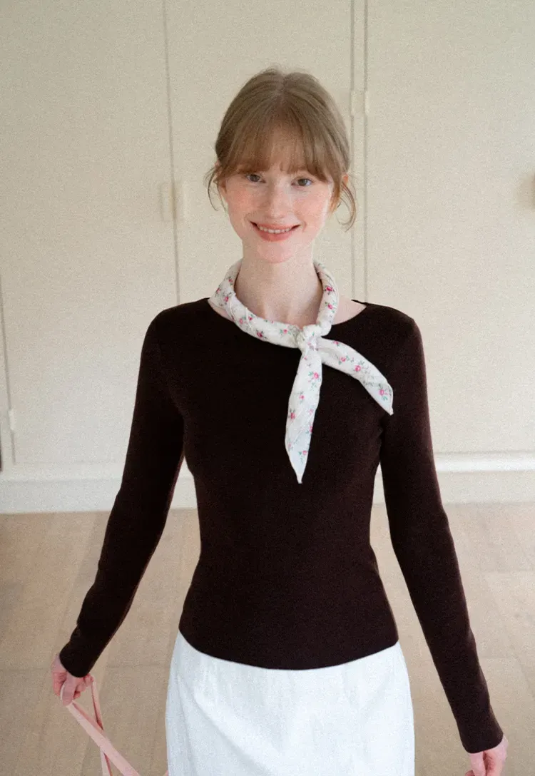 Square Neck Long Sleeve Wool Knit Sweater