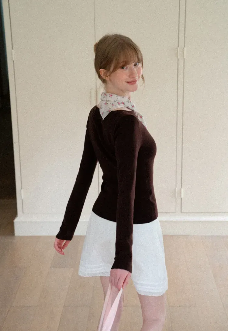 Square Neck Long Sleeve Wool Knit Sweater