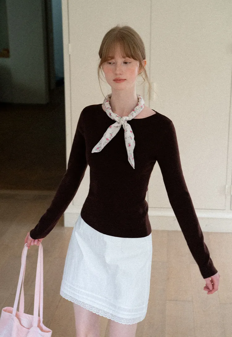 Square Neck Long Sleeve Wool Knit Sweater