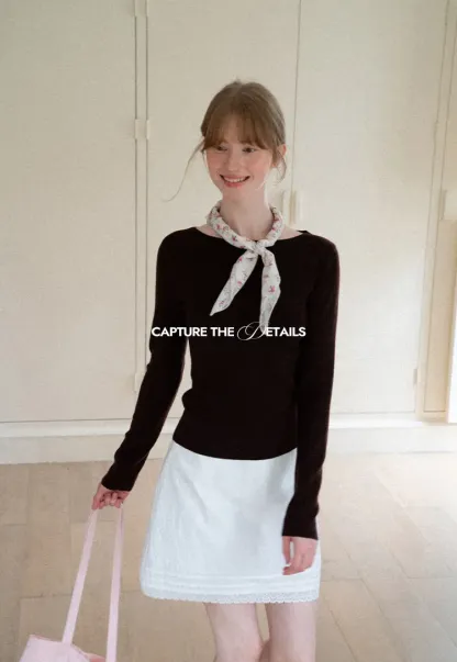 Square Neck Long Sleeve Wool Knit Sweater