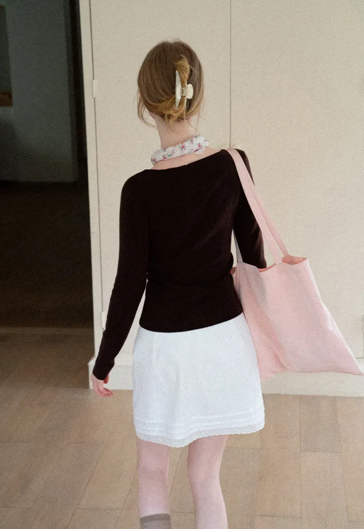 Square Neck Long Sleeve Wool Knit Sweater