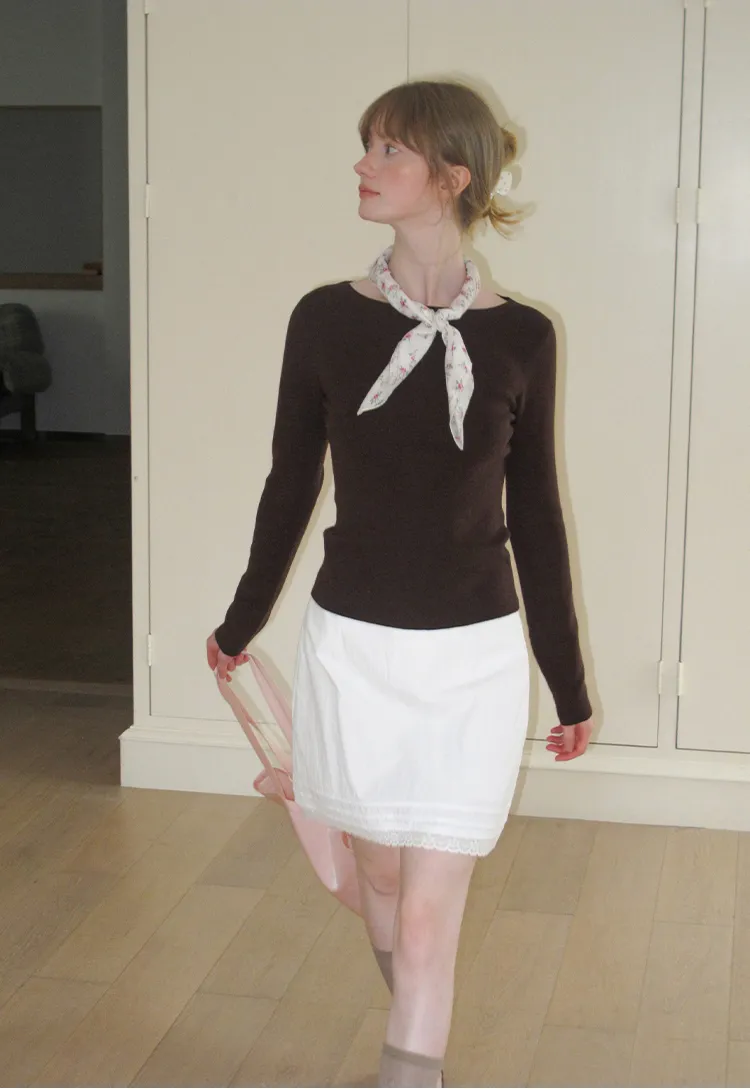 Square Neck Long Sleeve Wool Knit Sweater