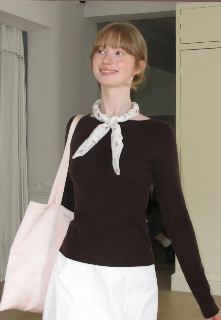 Square Neck Long Sleeve Wool Knit Sweater