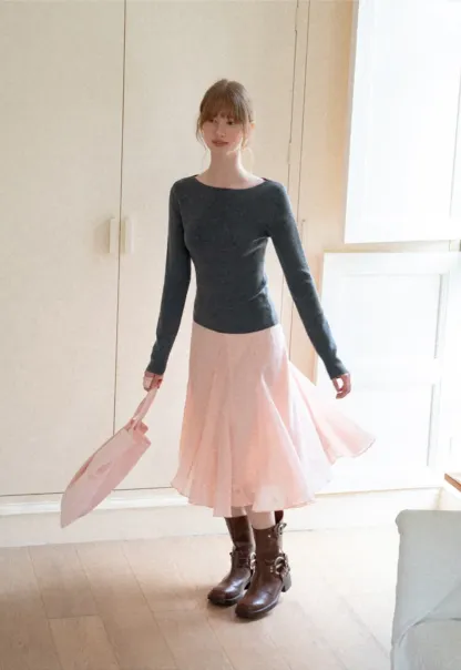 Square Neck Long Sleeve Wool Knit Sweater