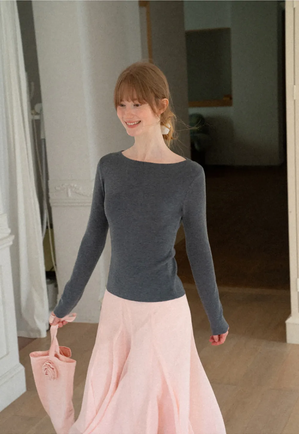 Square Neck Long Sleeve Wool Knit Sweater