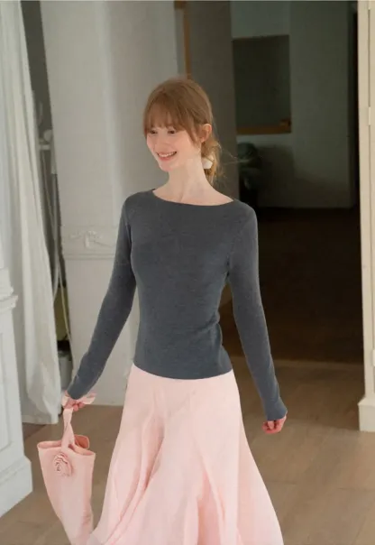 Square Neck Long Sleeve Wool Knit Sweater