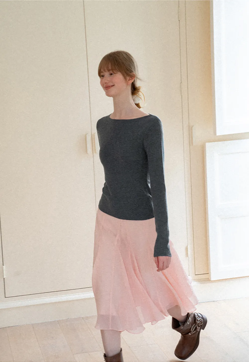 Square Neck Long Sleeve Wool Knit Sweater