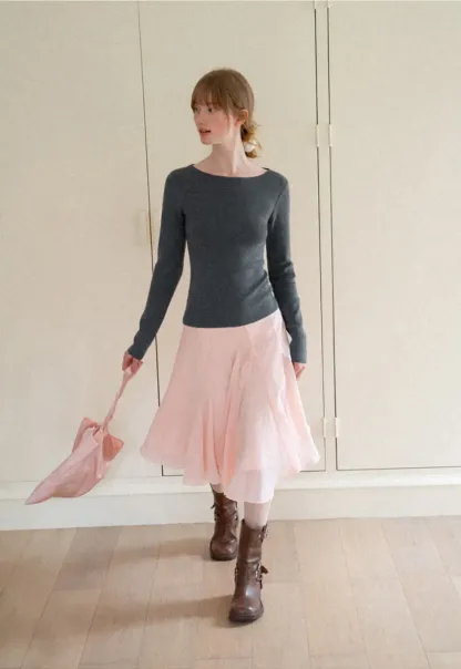 Square Neck Long Sleeve Wool Knit Sweater
