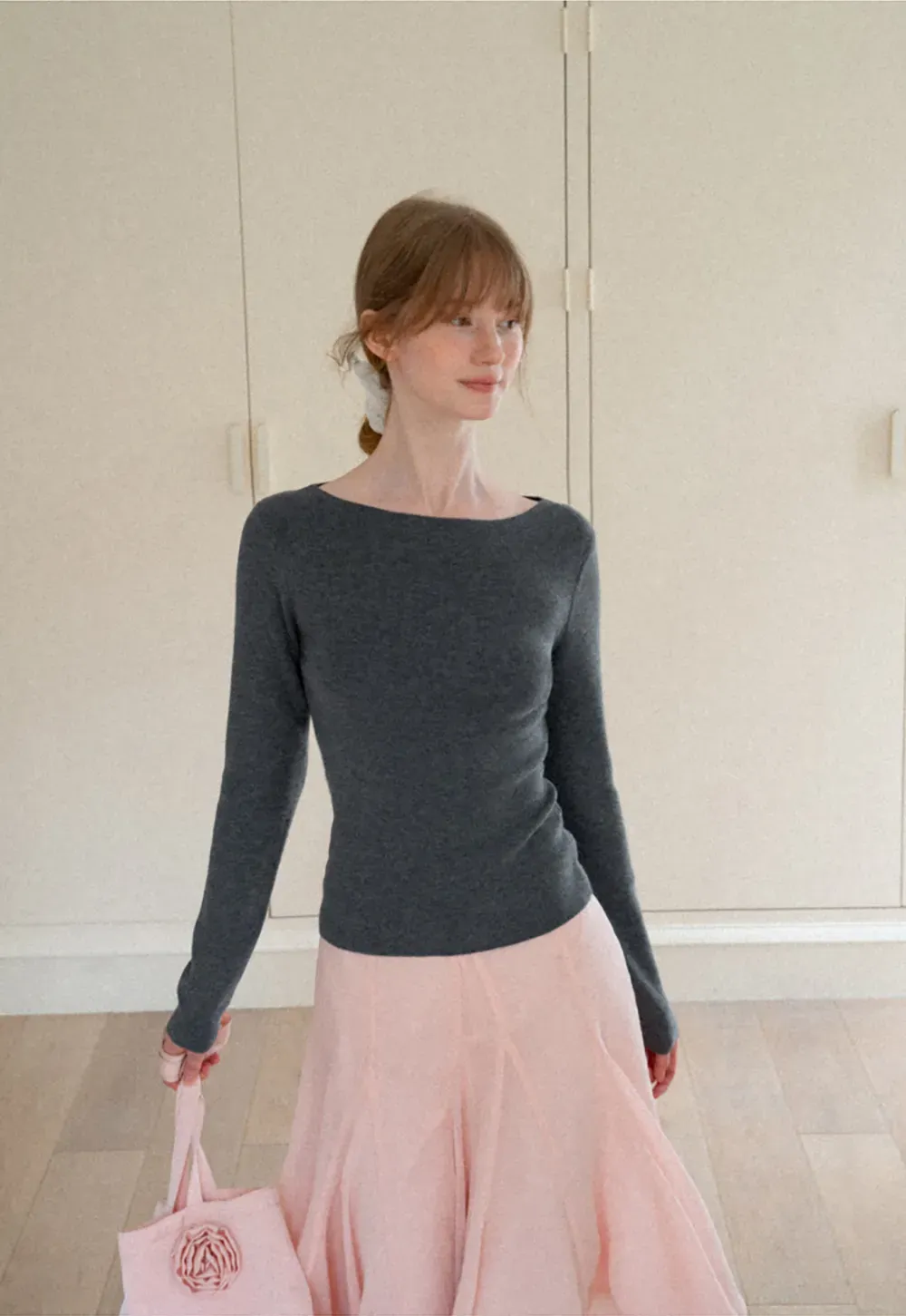 Square Neck Long Sleeve Wool Knit Sweater