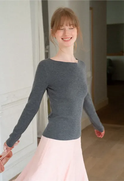 Square Neck Long Sleeve Wool Knit Sweater