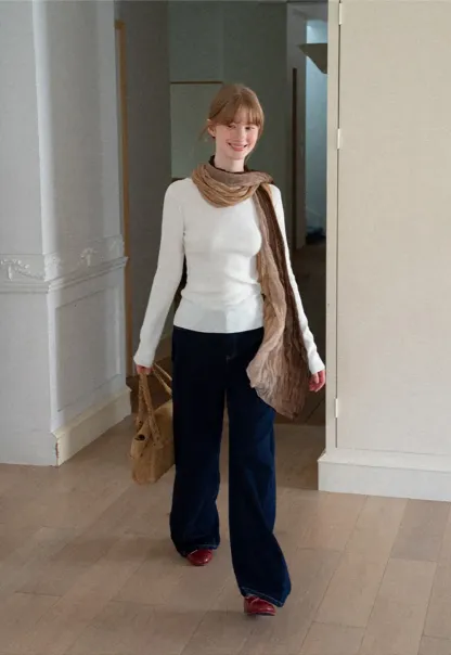 Square Neck Long Sleeve Wool Knit Sweater