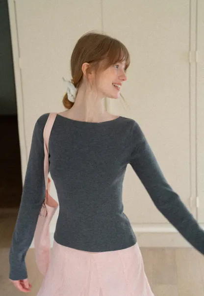 Square Neck Long Sleeve Wool Knit Sweater