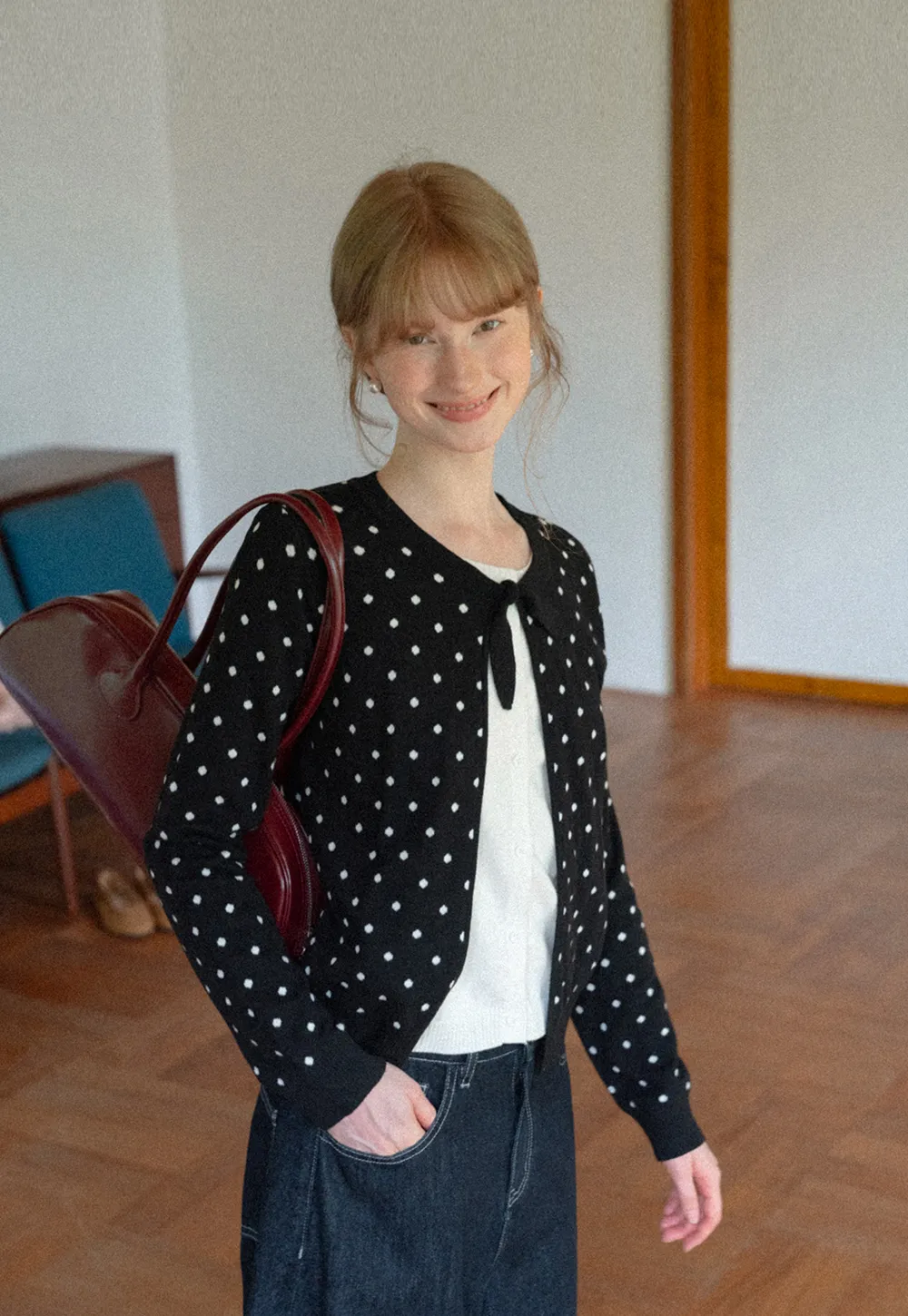 Polka Dot Pattern Bow Neck Knit Cardigan