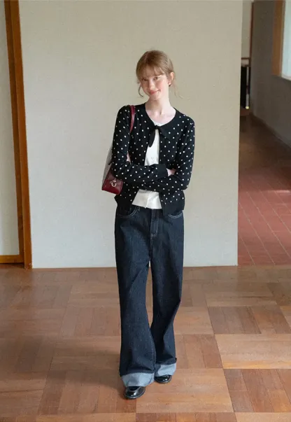 Polka Dot Pattern Bow Neck Knit Cardigan