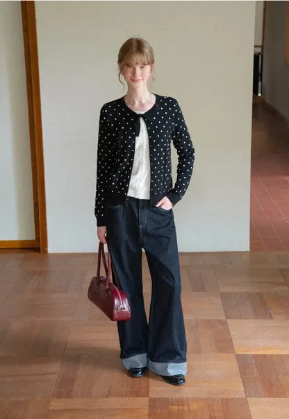 Polka Dot Pattern Bow Neck Knit Cardigan
