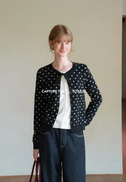 Polka Dot Pattern Bow Neck Knit Cardigan