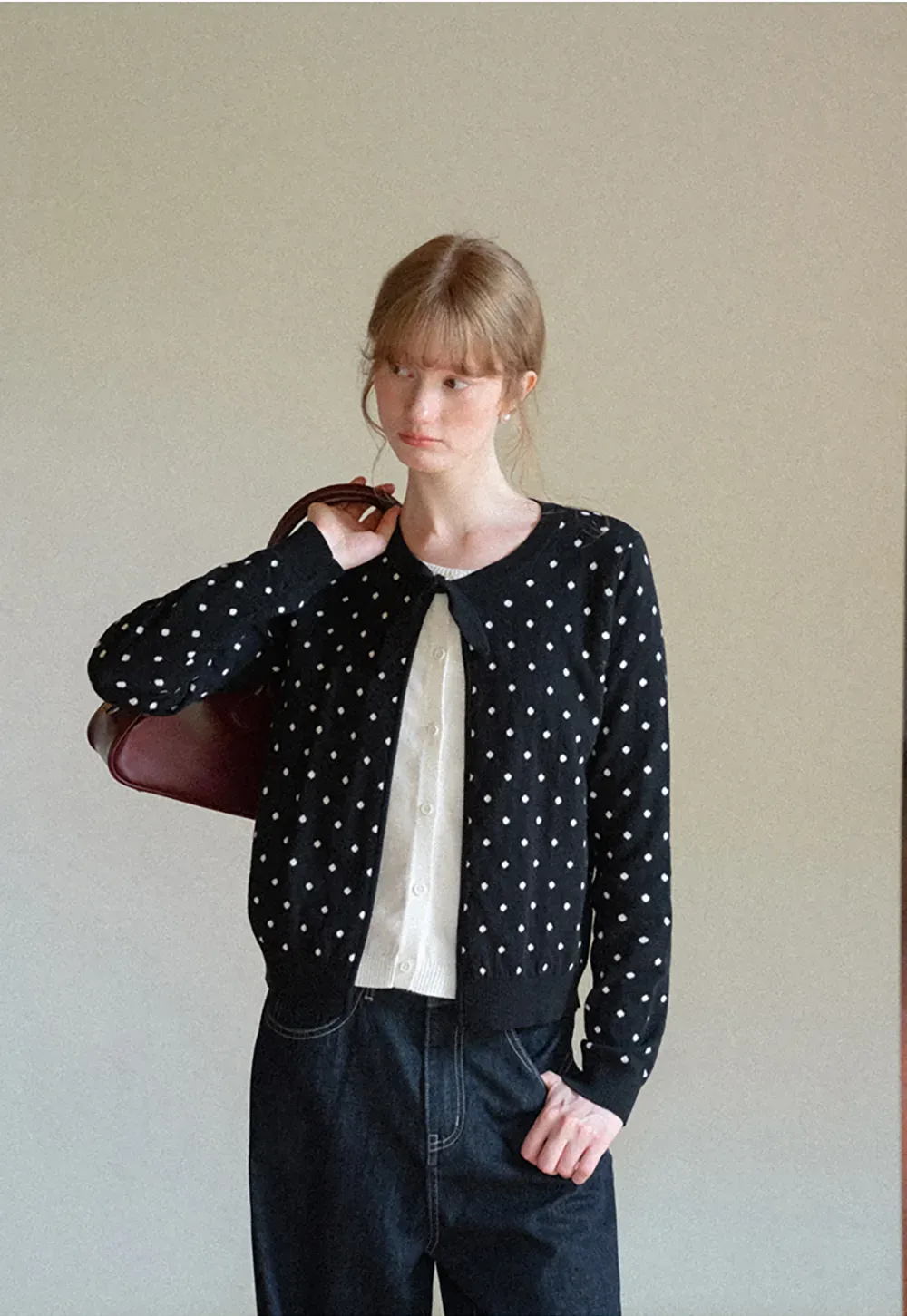 Polka Dot Pattern Bow Neck Knit Cardigan