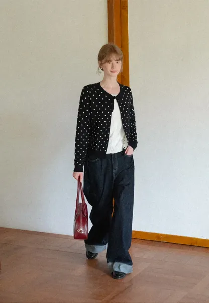 Polka Dot Pattern Bow Neck Knit Cardigan