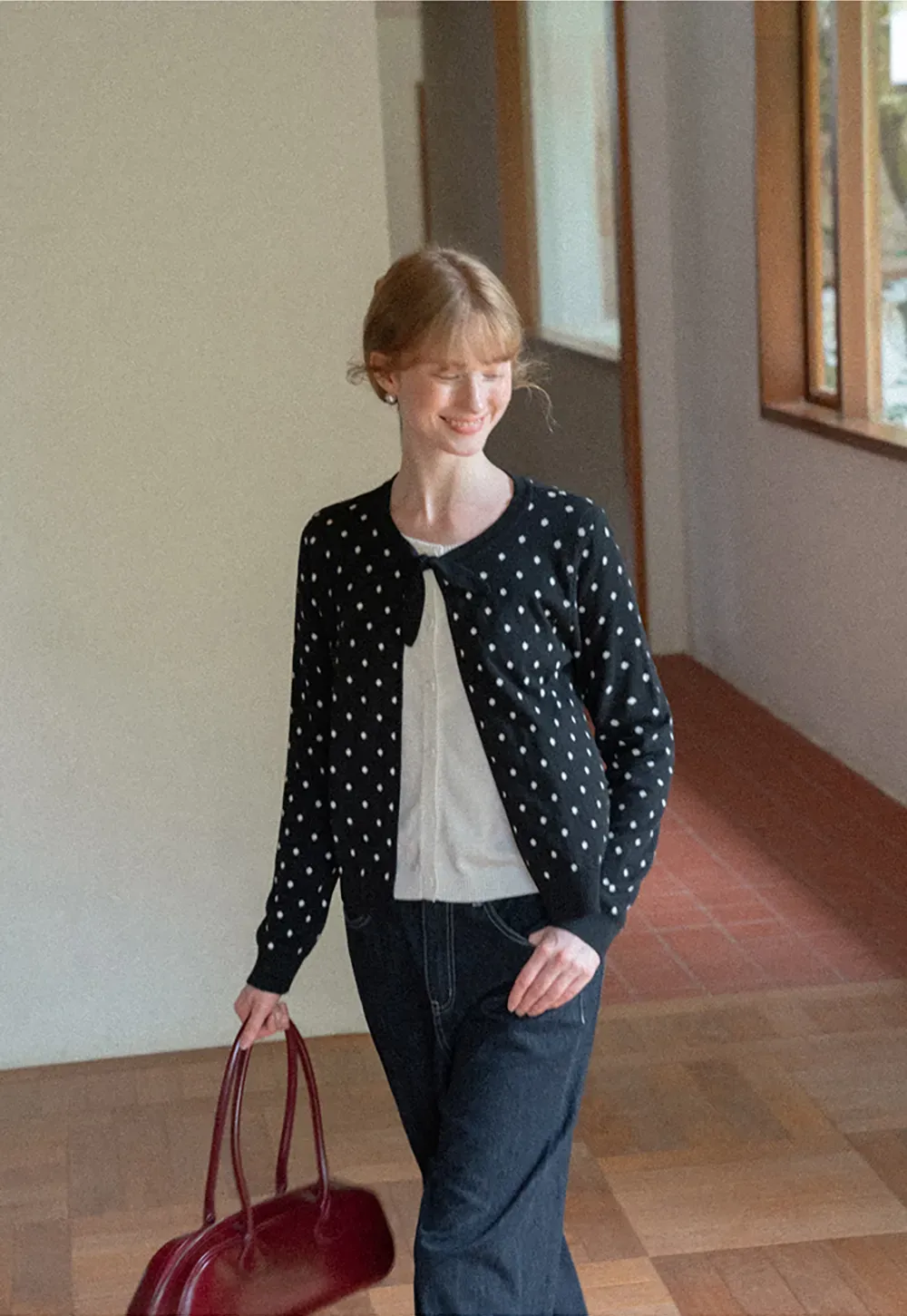 Polka Dot Pattern Bow Neck Knit Cardigan