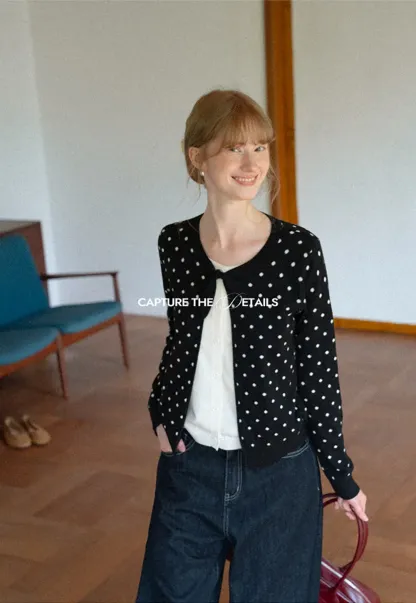 Polka Dot Pattern Bow Neck Knit Cardigan