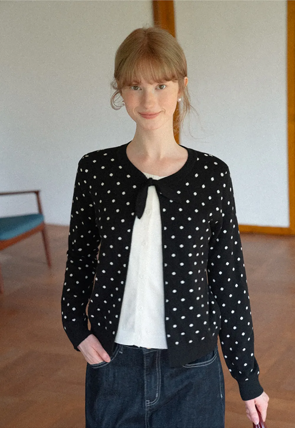 Polka Dot Pattern Bow Neck Knit Cardigan