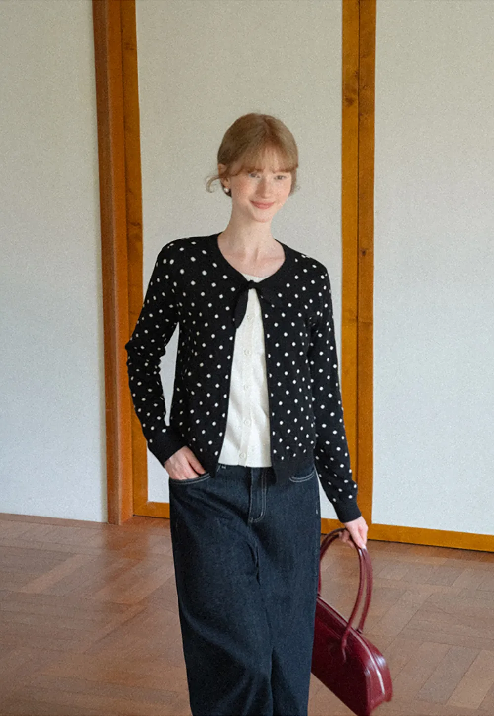 Polka Dot Pattern Bow Neck Knit Cardigan