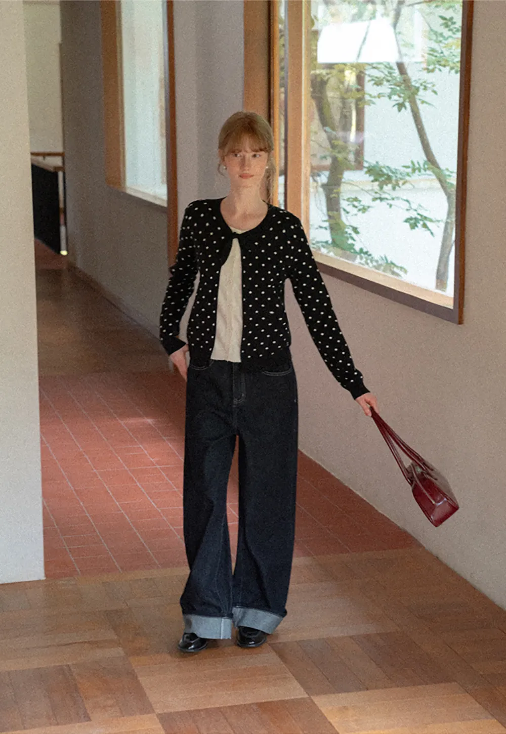 Polka Dot Pattern Bow Neck Knit Cardigan